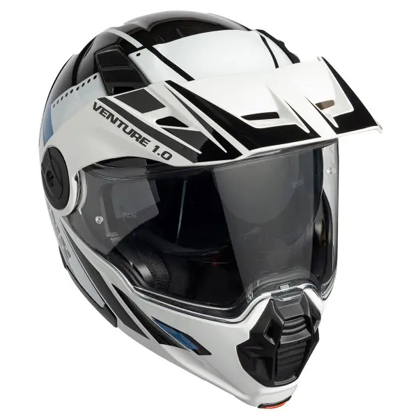 קסדת אדוונצ'ר נפתחת IXS Venture 2.0 שחור־לבן – מבט חזית עם משקף סגור.