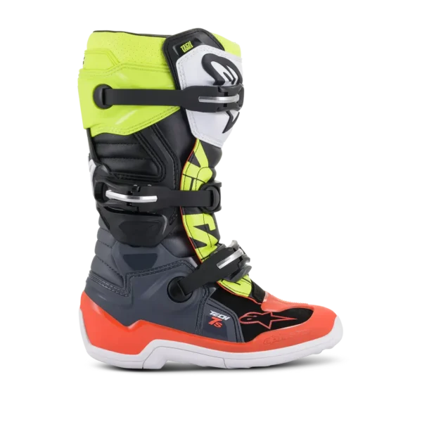 מגפיים לילדים אלפינסטארס טק 7s אפור/אדום/צהוב - Alpinestars Tech 7s Youth Gray/Red/Yel צד חיצוני ואבזמי המגף