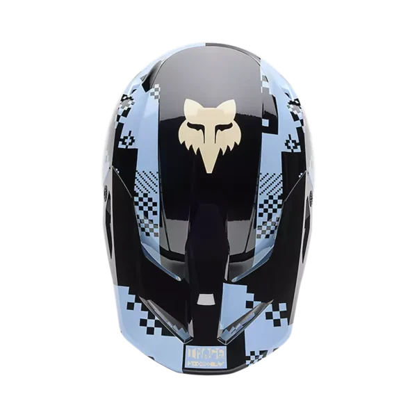 קסדת שטח פוקס תכלת – FOX V1 DIGI IMAGE Helmet Light Slate - מבט מלמעלה ולוגו השועל
