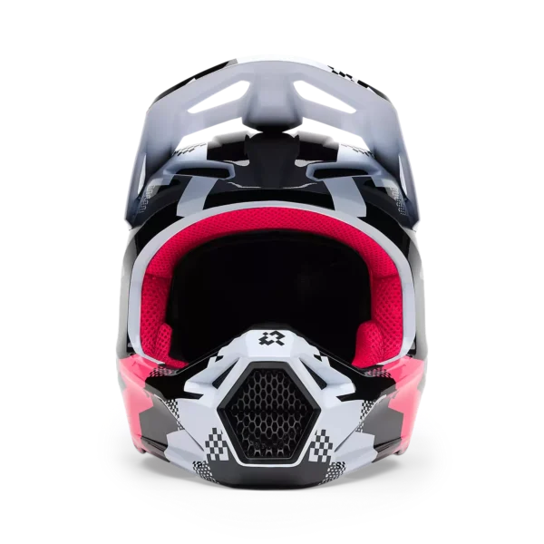 קסדת FOX V1 DIGI IMAGE שחור/ורוד – מבט חזיתי עם גרפיקה דיגיטלית ולוגו FOX בולט