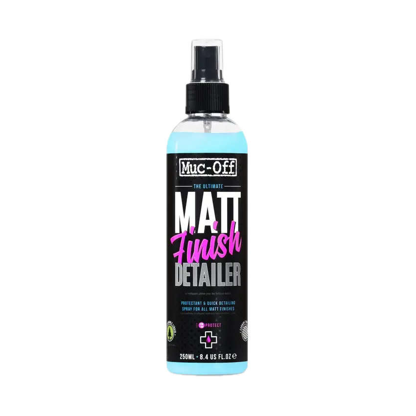 בקבוק נוזל דיטיילינג MUC-OFF MATT FINISH 250 מ״ל – מבט קדמי עם תווית שחורה-ורודה.