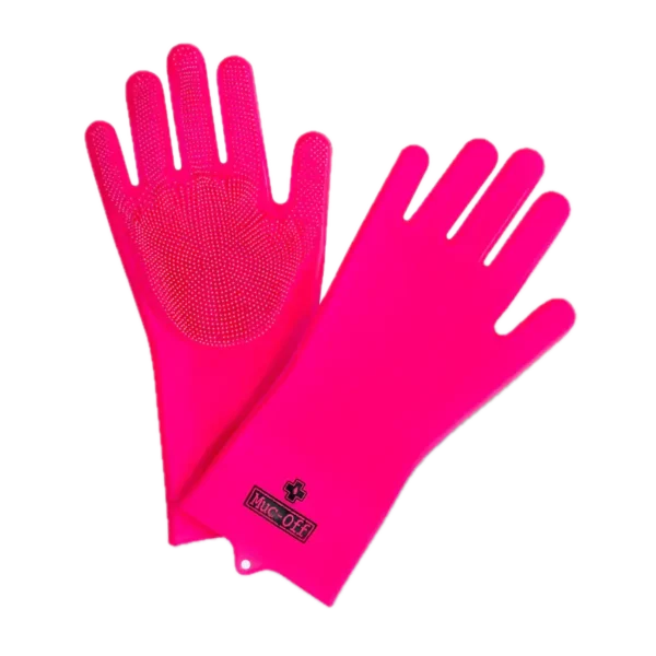 כפפות ניקוי סיליקון MUC-OFF Deep Scrubber Gloves בצבע ורוד עם זיפים לניקוי יסודי.