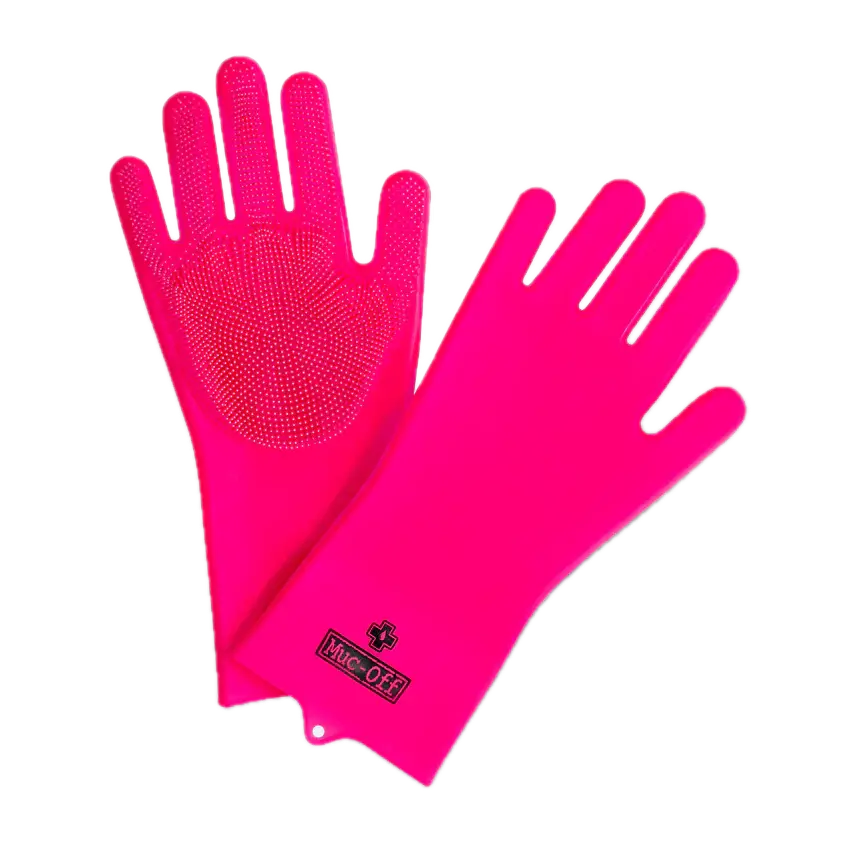 כפפות ניקוי סיליקון MUC-OFF Deep Scrubber Gloves בצבע ורוד עם זיפים לניקוי יסודי.