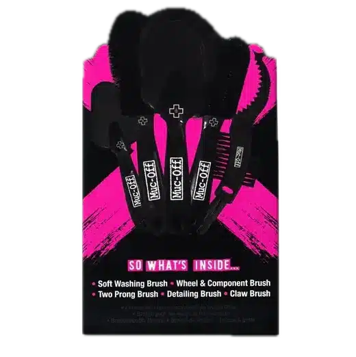 סט 5 מברשות ניקוי MUC-OFF – מבט קדמי של כל המברשות יחד עם לוגו המותג.