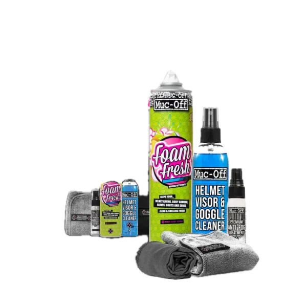 ערכת ניקוי לקסדה ומשקף MUC-OFF – תרסיסים, מטליות ונרתיק לניקוי פנימי וחיצוני