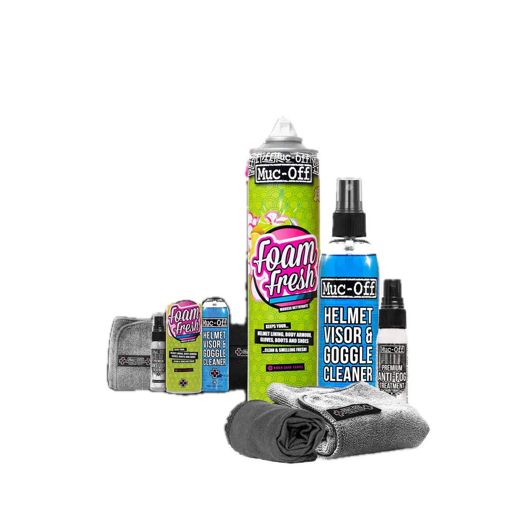 ערכת ניקוי לקסדה ומשקף MUC-OFF – תרסיסים, מטליות ונרתיק לניקוי פנימי וחיצוני