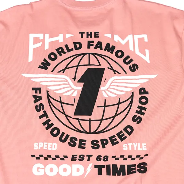 חולצת טי קצרה פסטהאוס ורוד פודרה – Fasthouse Renown SS Tee Dusty Pink לוגו מאחורה מקרוב