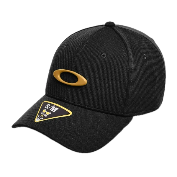 כובע Oakley Tincan Cap מבט קדמי תקריב על לוגו Ellipse מתכתי בגימור מוברש מבט צד על מבנה 6 הפאנלים של הכובע Oakley מבט אחורי על גזרת FlexFit ופס הספיגה הפנימי