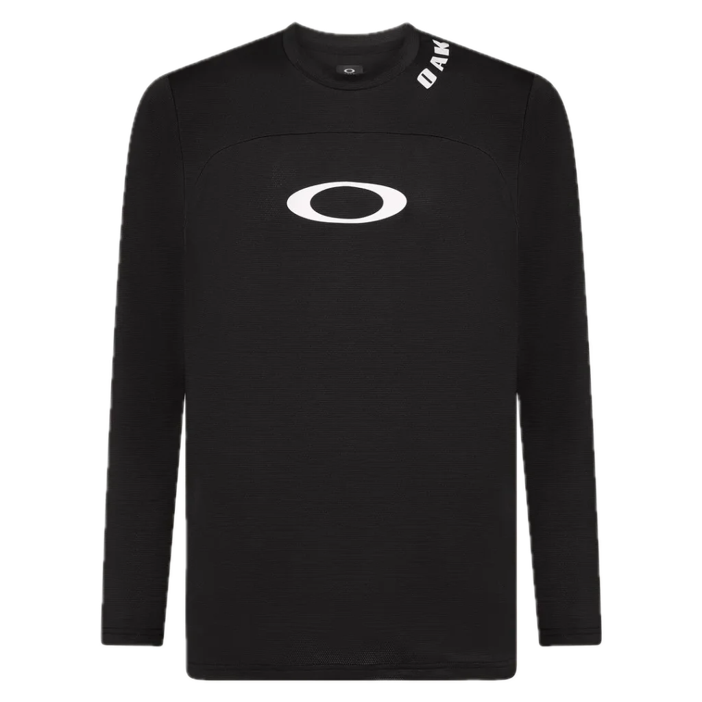 חולצת Oakley Free Ride RC LS Jersey מבט קדמי מבט צד על גזרת Relaxed Fit עם פנלי רשת תקריב על בד Hydrolix™ נושם מבט אחורי על לוגו Oakley והגימור הארוך לגב