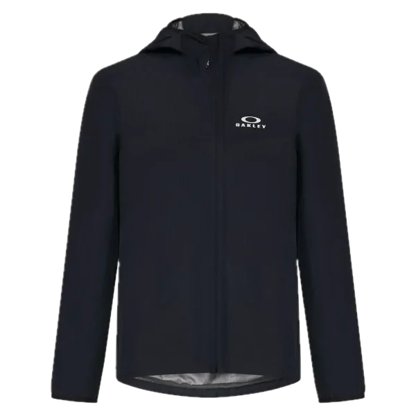 מעיל Oakley Elements Shell Jacket 2.0 מבט קדמי מבט צד על גזרה ארגונומית ושרוולים מעוצבים תקריב על רוכסן אטום נגד מים וציפוי DWR מבט אחורי על המעיל עם פנלי אוורור ואלמנטים רפלקטיביים