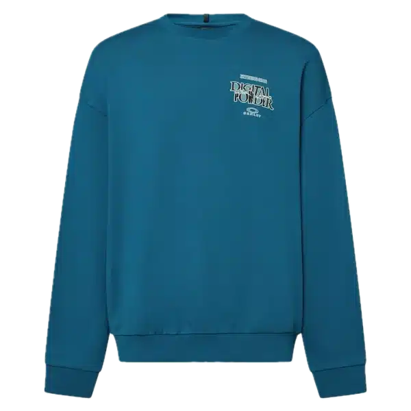 סווטשרט Oakley Futurescape Powder Crewneck מבט קדמי תקריב על ההדפס הגרפי בחזה מבט צד על הסווטשרט Oakley Futurescape Powder Crewneck מבט אחורי על הסווטשרט בגזרה Regular Fit