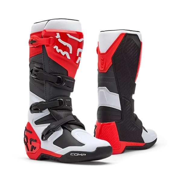 מגפי רכיבה FOX Comp לבן אדום – מבט צד וקדמי